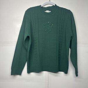 Haband Women’s Green Cable Knit Sweater Large Crewneck Beaded Detail
